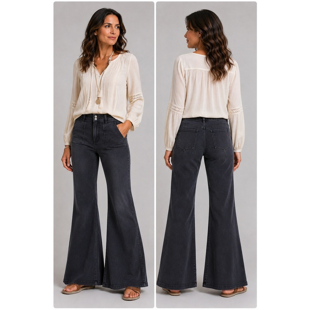 7 For All Mankind Pants Womens 31 Black Wide Leg Flare Raw Hem Cotton Utility